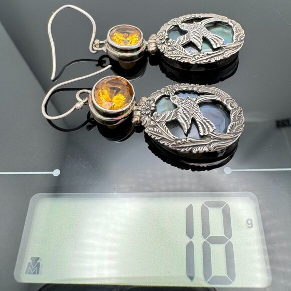 Citrine Mop Shell Sterling Silver Bird Floral Earrings Gemstone Drops 18 Grams - Picture 6 of 11